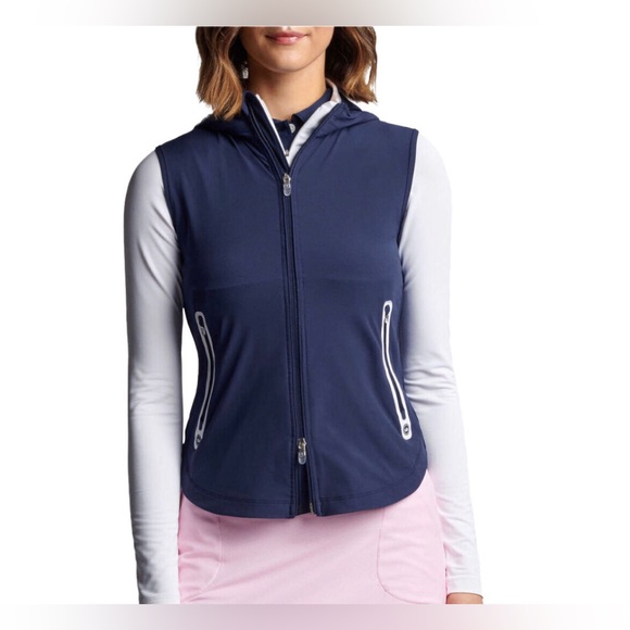 New Peter Millar Women’s Golf Navy Flex Adapt Full Zip Hooded VestSmall w/ logo